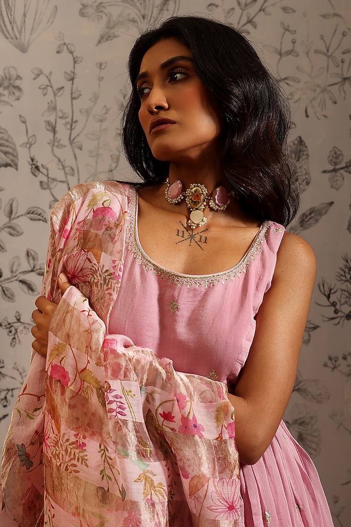 Pink Malai Chanderi Zari Embroidered Party Wear Anarkali Set by Taisha at Pernia's Pop Up Shop