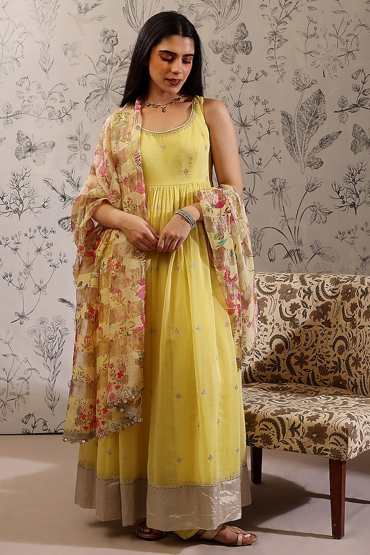 Yellow Malai Chanderi Zari Embroidered Party Wear Anarkali Set by Taisha at Pernia's Pop Up Shop