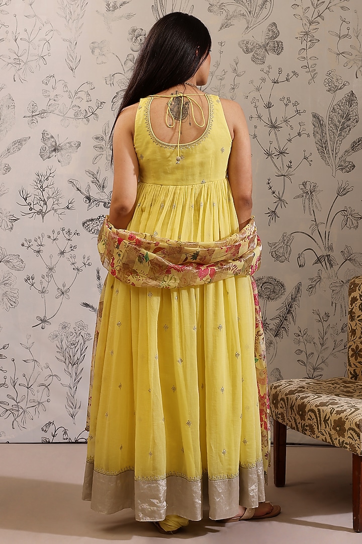 Yellow Malai Chanderi Zari Embroidered Party Wear Anarkali Set by Taisha at Pernia's Pop Up Shop
