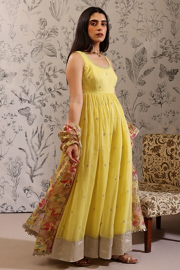 Yellow Malai Chanderi Zari Embroidered Party Wear Anarkali Set by Taisha at Pernia's Pop Up Shop