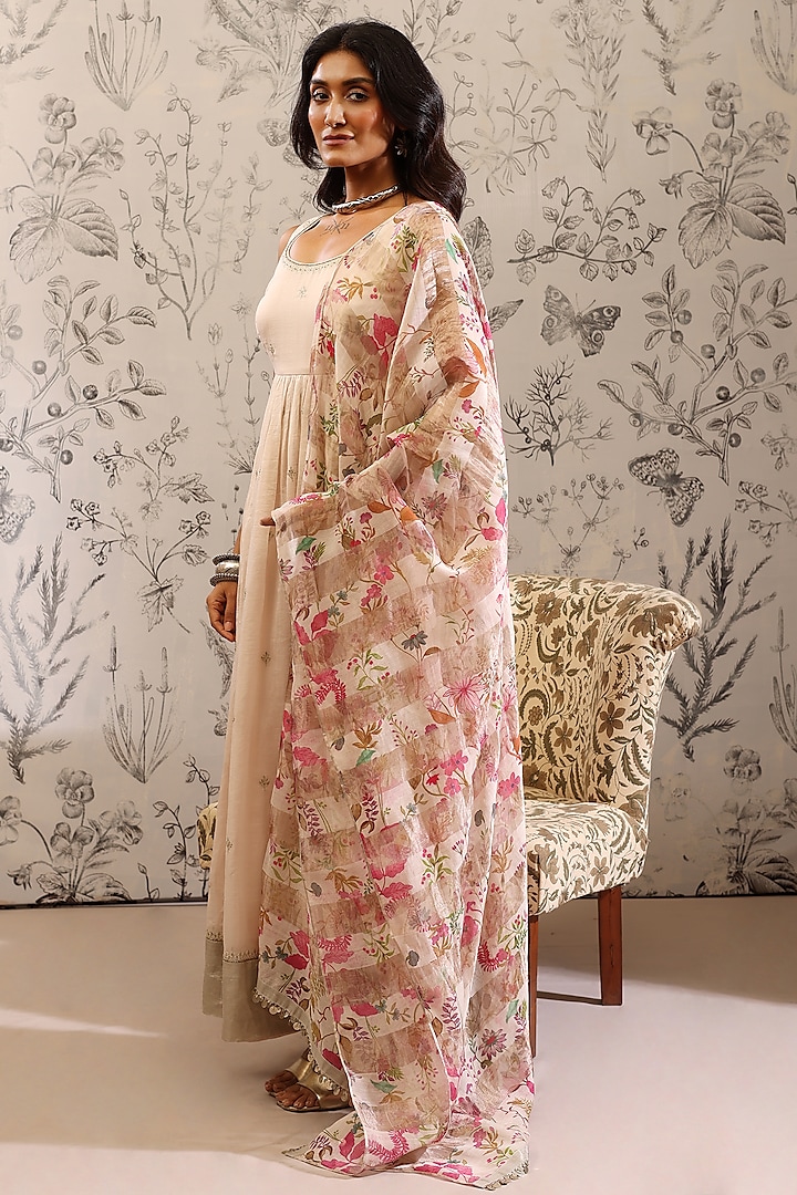White Malai Chanderi Zari Embroidered Party Wear Anarkali Set by Taisha at Pernia's Pop Up Shop