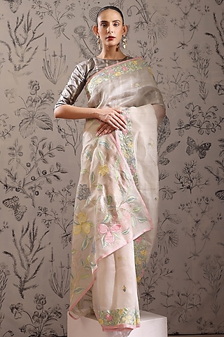Multi-Colored Silk Organza Applique Saree Set by Taisha
