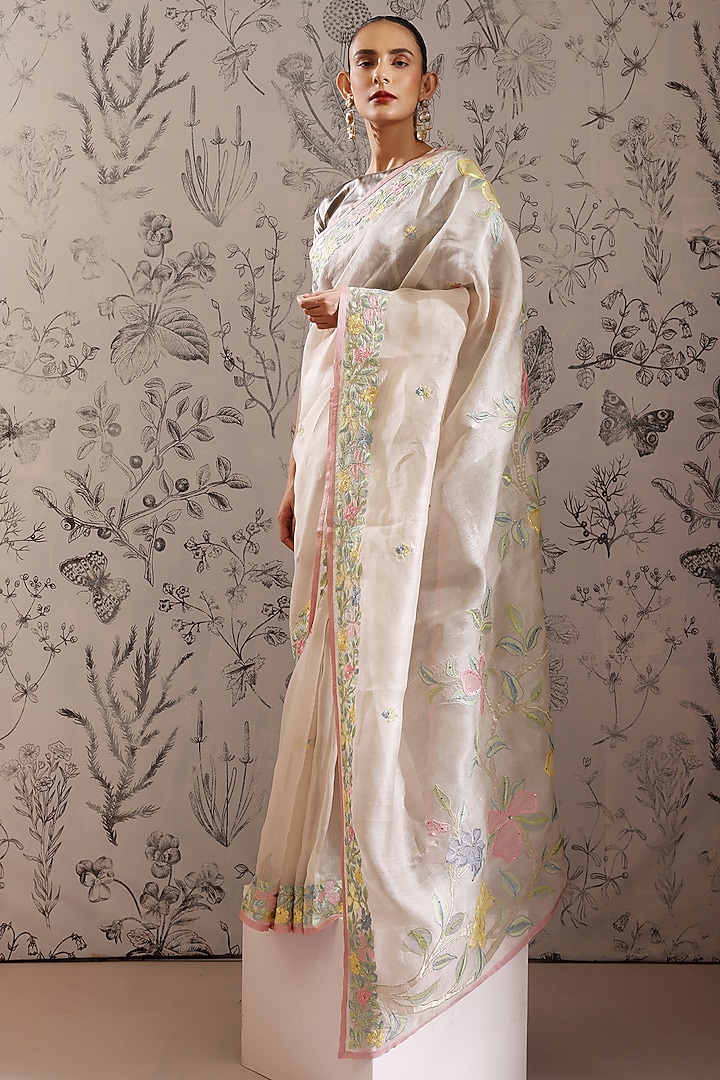 Multi-Colored Silk Organza Applique Wedding Saree Set by Taisha at Pernia's Pop Up Shop