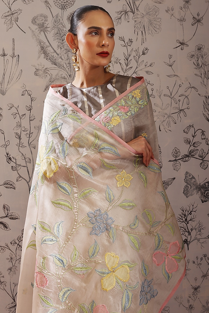 Multi-Colored Silk Organza Applique Wedding Saree Set by Taisha at Pernia's Pop Up Shop