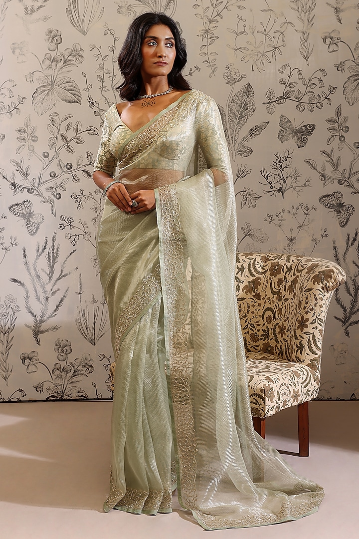 Green Pure Striped Tissue Wedding Saree Set by Taisha at Pernia's Pop Up Shop