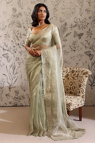 Green Pure Striped Tissue Saree Set by Taisha