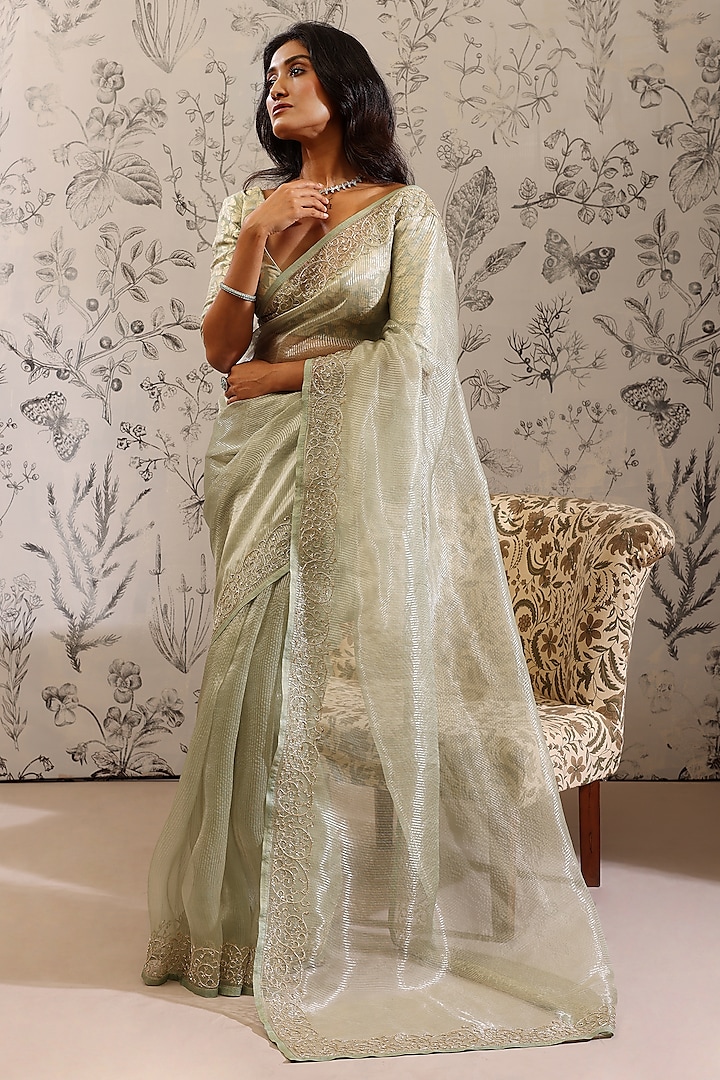 Green Pure Striped Tissue Wedding Saree Set by Taisha at Pernia's Pop Up Shop