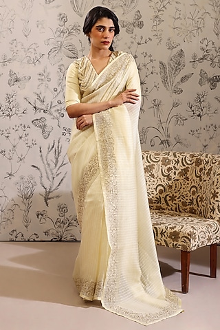 Yellow Pure Silk Organza Woven Striped Saree Set by Taisha