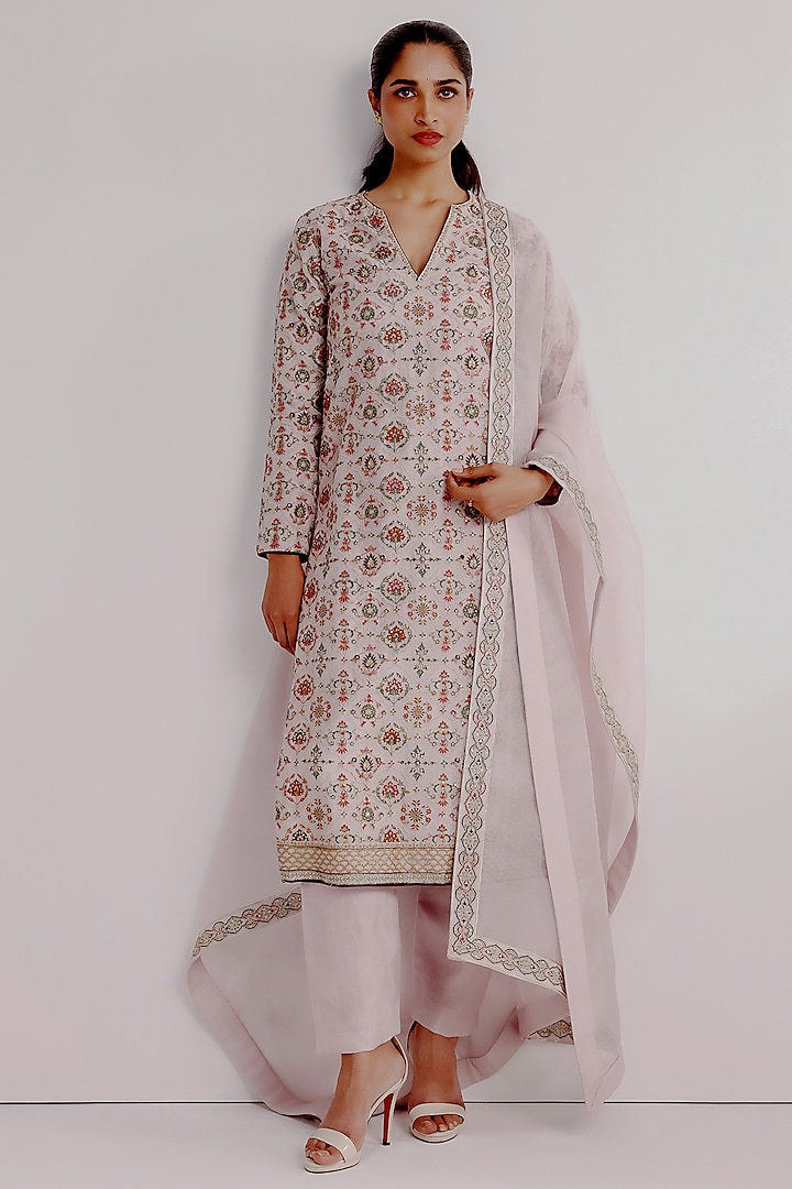 Multi-Colored Pure Khadi Organza Hand Embroidered Kurta Set by Taisha at Pernia's Pop Up Shop