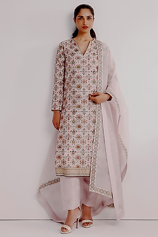 Multi-Colored Pure Khadi Organza Hand Embroidered Kurta Set by Taisha