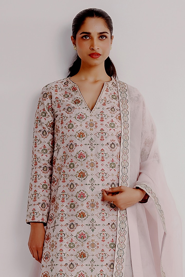 Multi-Colored Pure Khadi Organza Hand Embroidered Kurta Set by Taisha at Pernia's Pop Up Shop