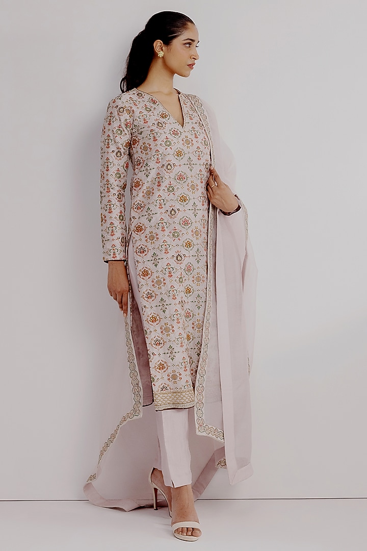 Multi-Colored Pure Khadi Organza Hand Embroidered Kurta Set by Taisha at Pernia's Pop Up Shop