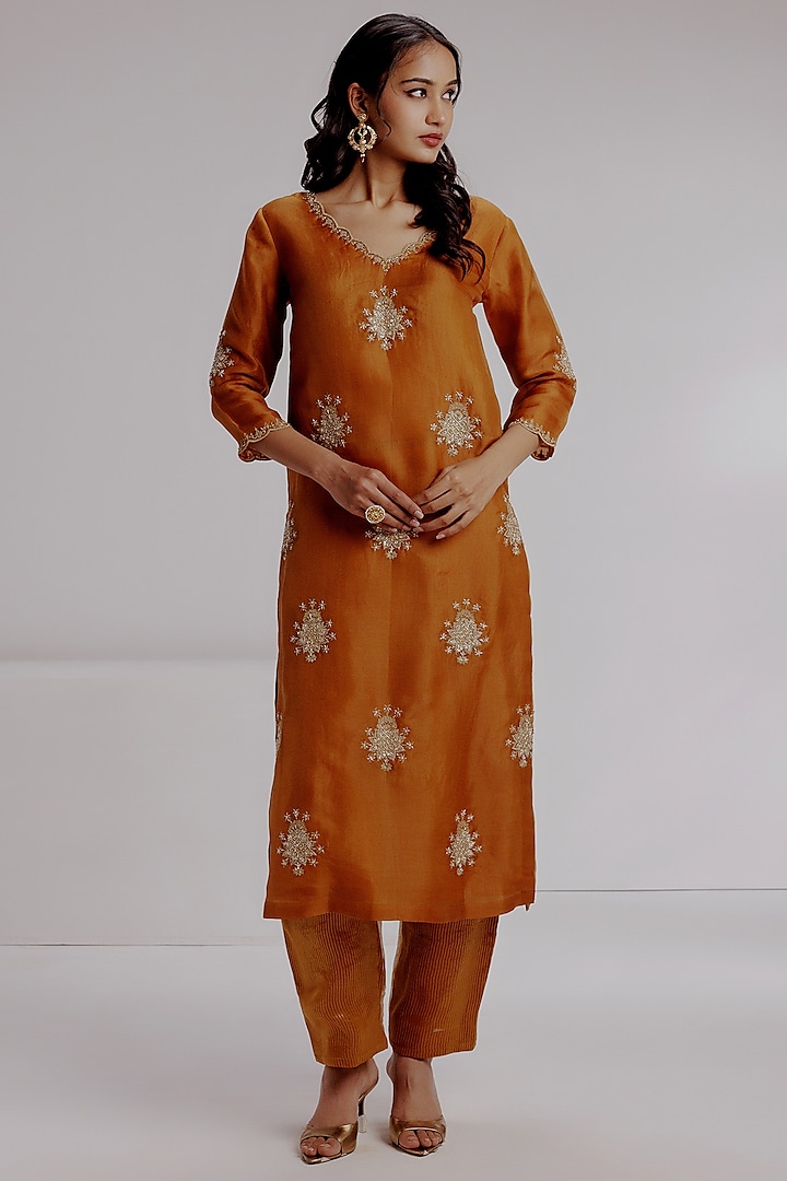 Mustard Pure Silk Organza Zardosi Embroidered Kurta Set by Taisha