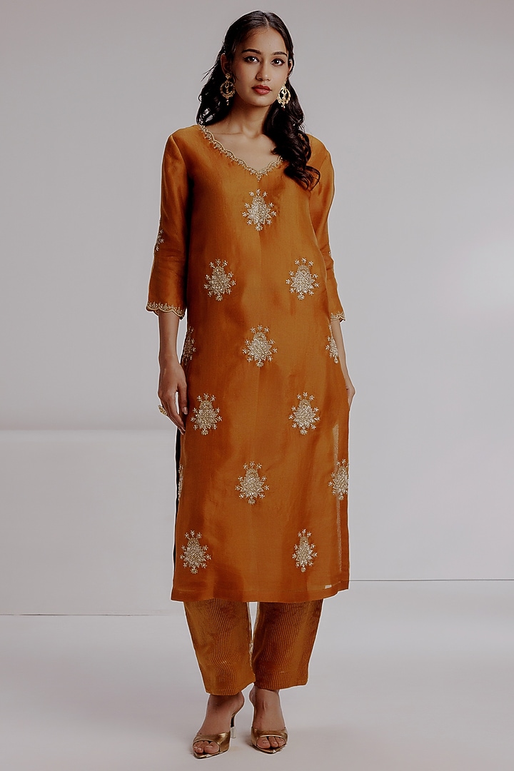 Mustard Pure Silk Organza Zardosi Embroidered Kurta Set by Taisha at Pernia's Pop Up Shop