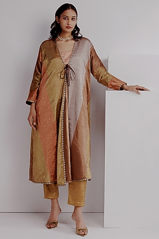 Bronze Pure Zari Tissue Hand Embroidered Kimono Jacket Set by Taisha