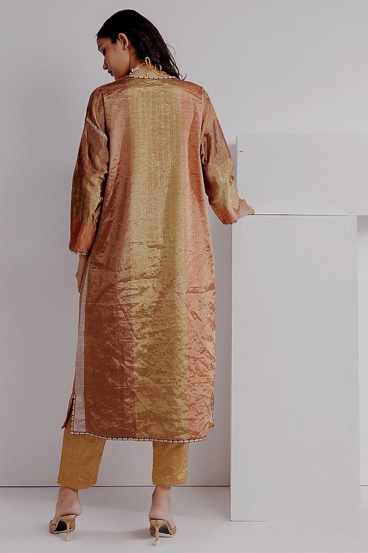 Bronze Pure Zari Tissue Hand Embroidered Kimono Jacket Set by Taisha at Pernia's Pop Up Shop