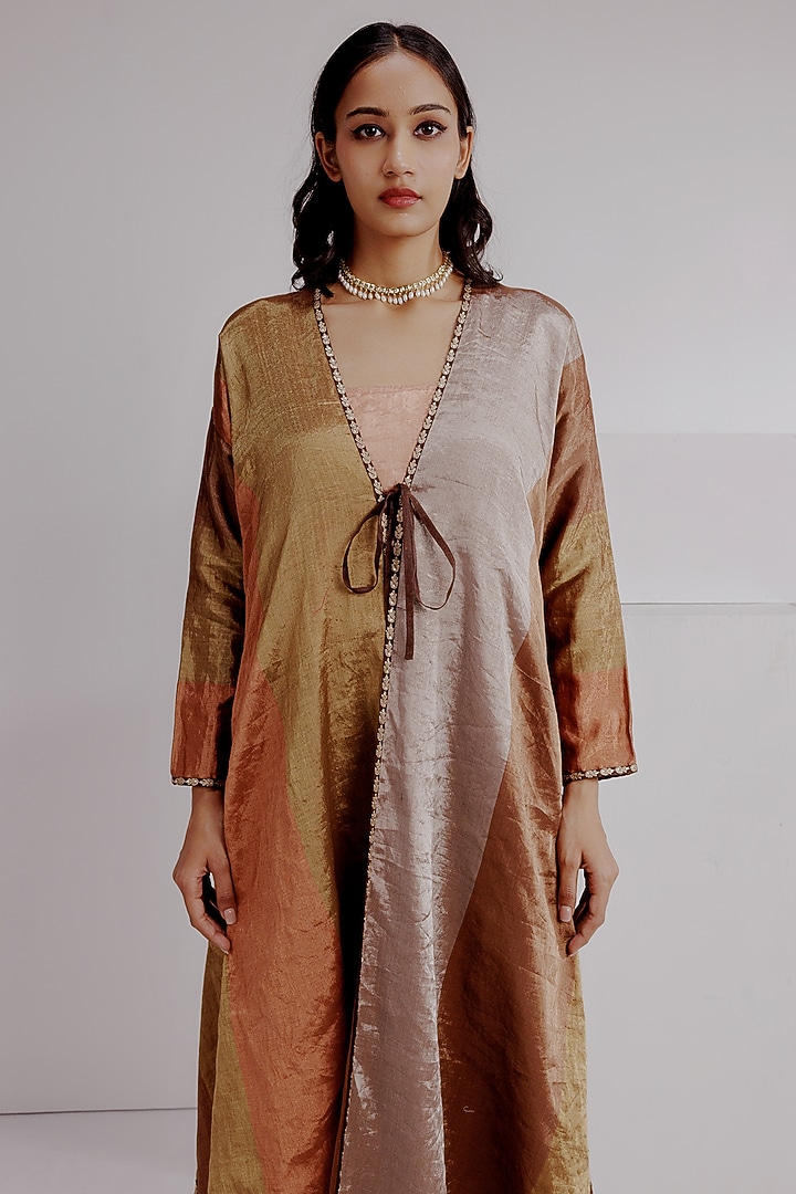 Bronze Pure Zari Tissue Hand Embroidered Kimono Jacket Set by Taisha at Pernia's Pop Up Shop
