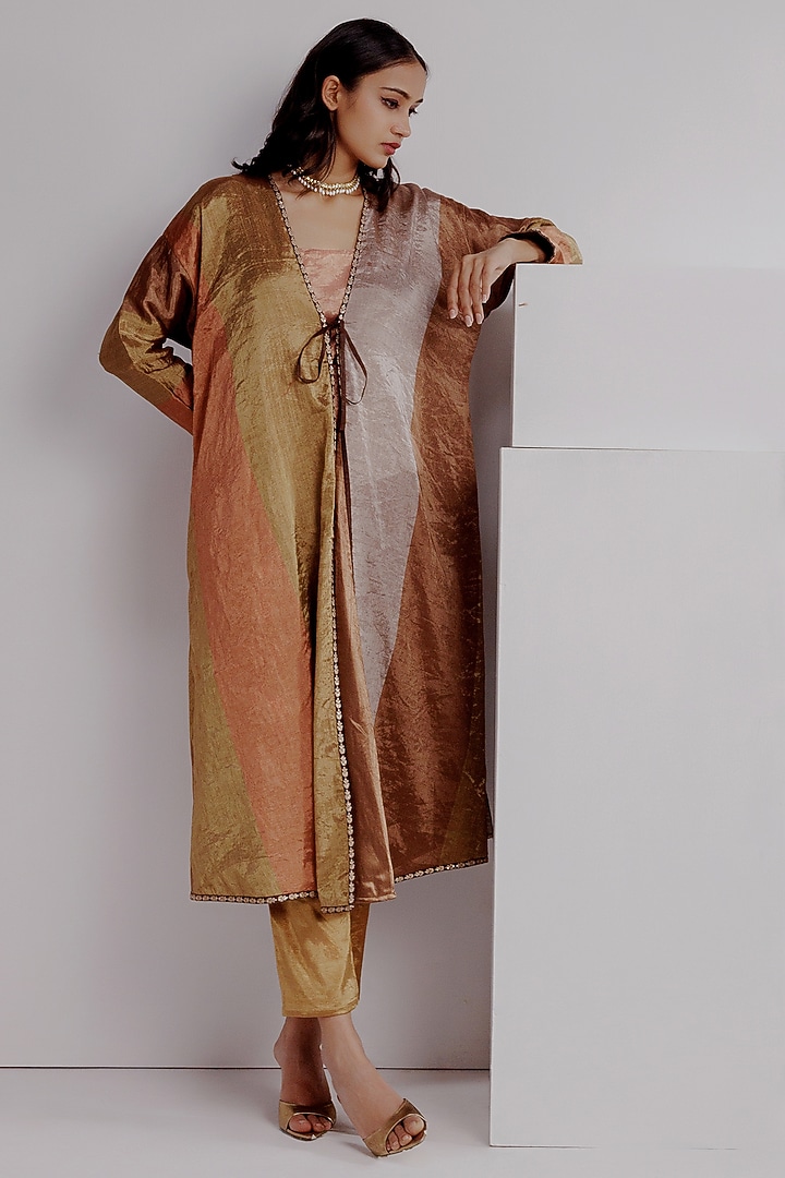Bronze Pure Zari Tissue Hand Embroidered Kimono Jacket Set by Taisha at Pernia's Pop Up Shop