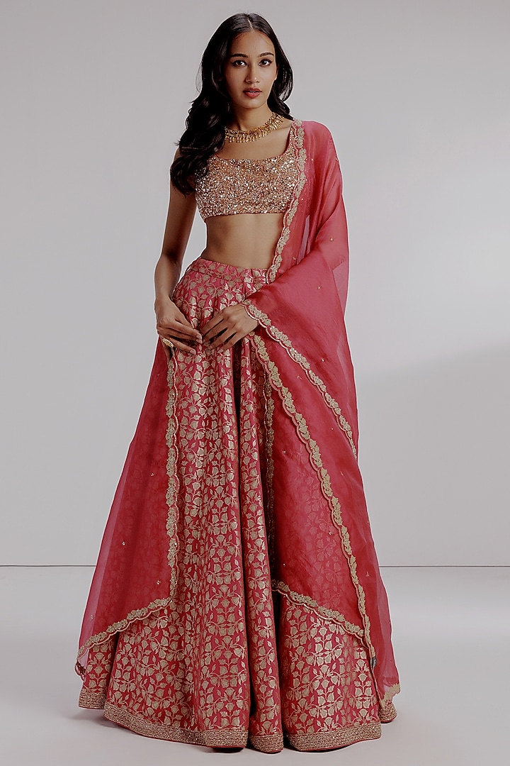 Red Pure Georgette Handwoven Banarasi Embroidered Lehenga Set by Taisha at Pernia's Pop Up Shop