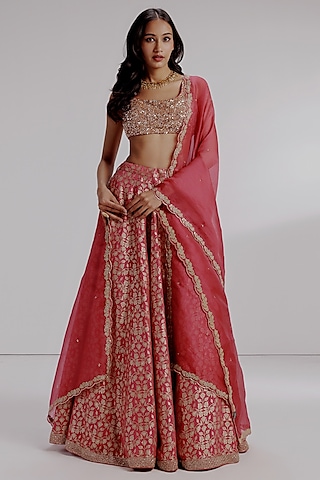 Red Pure Georgette Handwoven Banarasi Embroidered Lehenga Set by Taisha