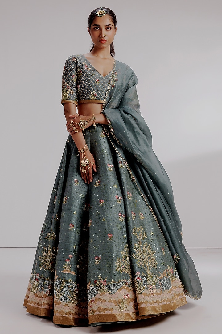 Blue Pure Raw Silk Hand Embroidered Wedding Lehenga Set by Taisha at Pernia's Pop Up Shop