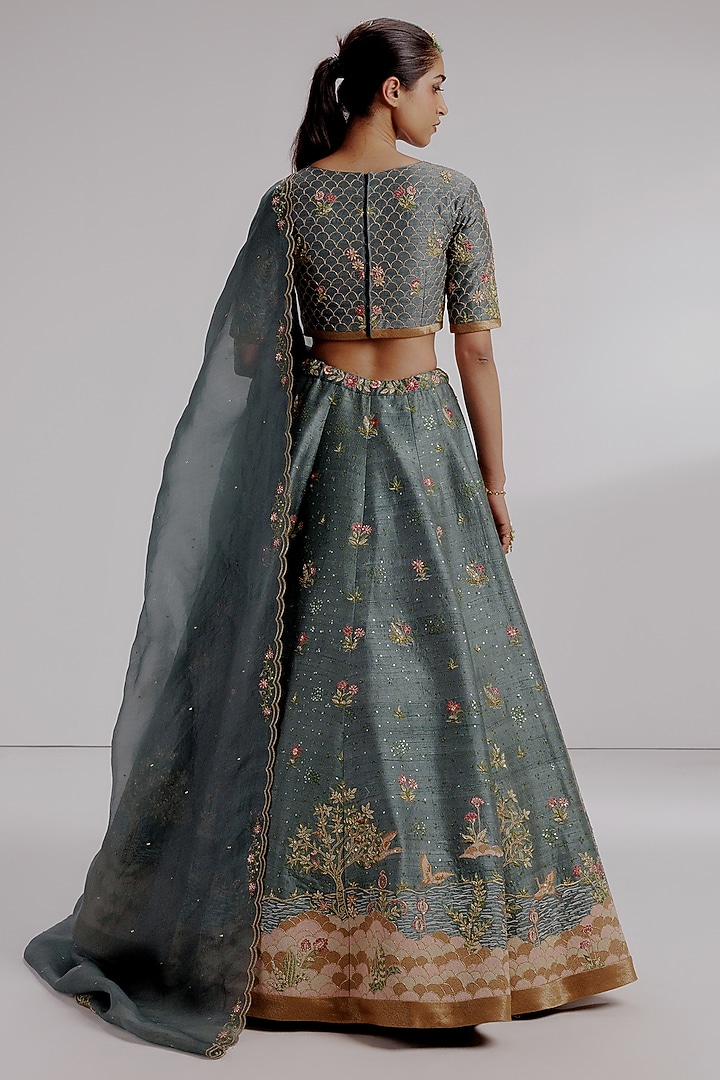 Blue Pure Raw Silk Hand Embroidered Wedding Lehenga Set by Taisha at Pernia's Pop Up Shop