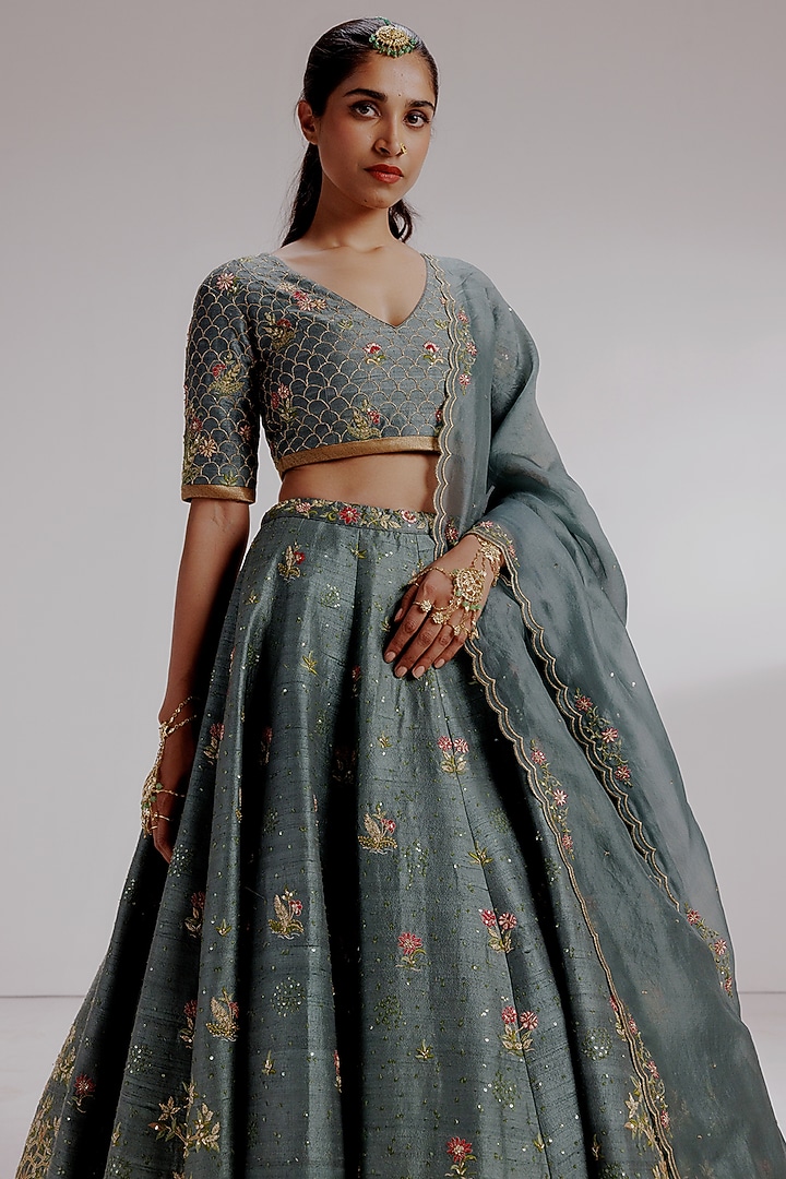 Blue Pure Raw Silk Hand Embroidered Wedding Lehenga Set by Taisha at Pernia's Pop Up Shop