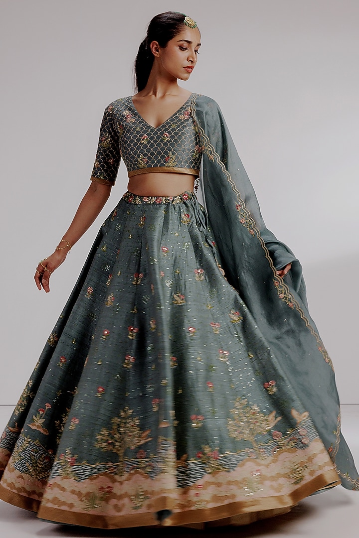 Blue Pure Raw Silk Hand Embroidered Wedding Lehenga Set by Taisha at Pernia's Pop Up Shop