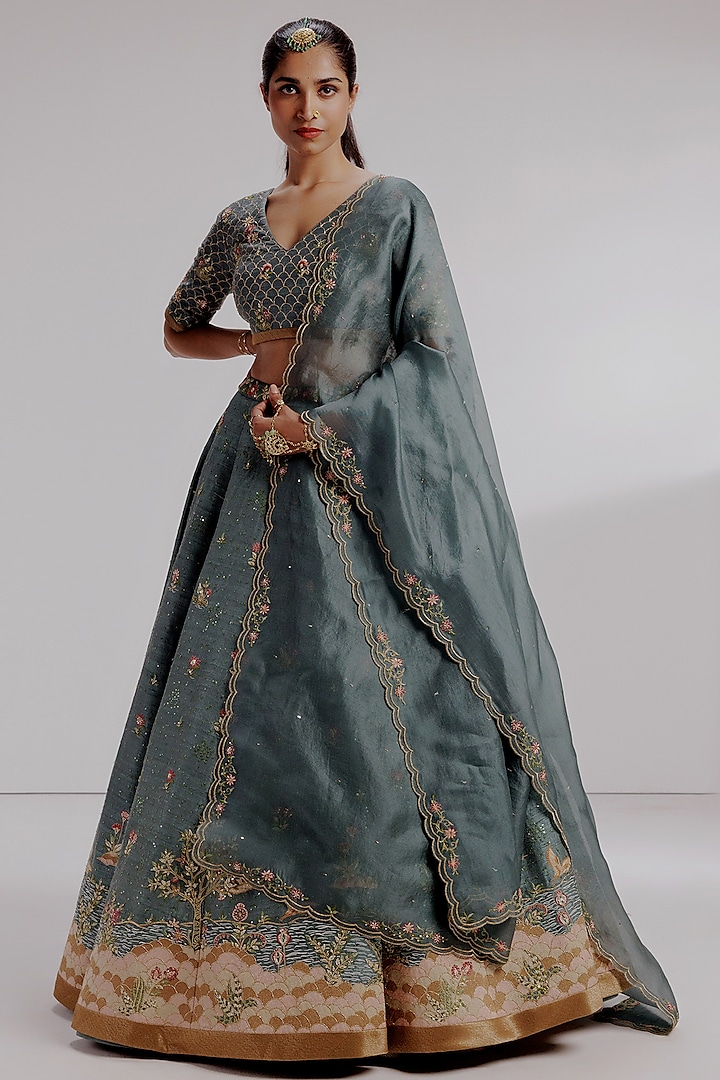 Blue Pure Raw Silk Hand Embroidered Wedding Lehenga Set by Taisha at Pernia's Pop Up Shop