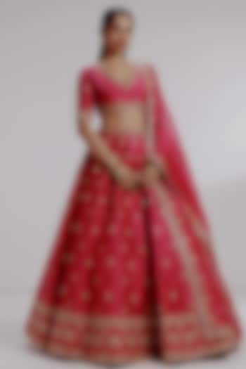 Red Pure Raw Silk Hand Embroidered Wedding Lehenga Set by Taisha at Pernia's Pop Up Shop