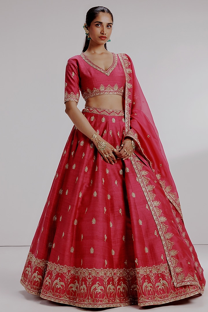 Red Pure Raw Silk Hand Embroidered Wedding Lehenga Set by Taisha at Pernia's Pop Up Shop