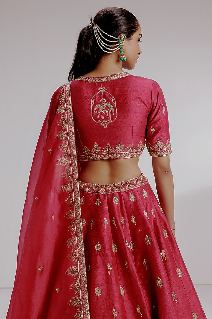 Red Pure Raw Silk Hand Embroidered Wedding Lehenga Set by Taisha at Pernia's Pop Up Shop
