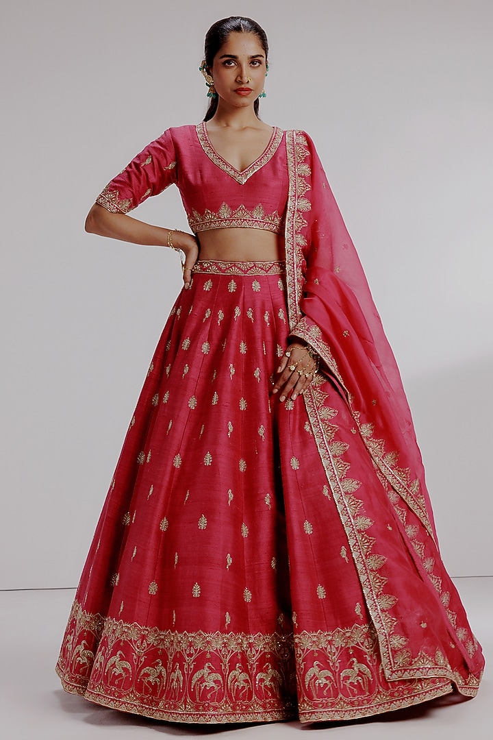 Red Pure Raw Silk Hand Embroidered Wedding Lehenga Set by Taisha at Pernia's Pop Up Shop
