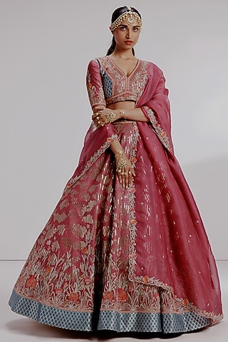 Multi-Colored Pure Raw Silk Hand Embroidered Lehenga Set by Taisha