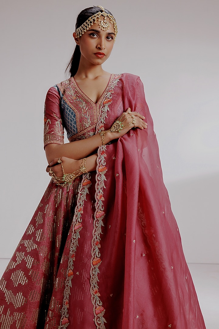 Multi-Colored Pure Raw Silk Hand Embroidered Wedding Lehenga Set by Taisha at Pernia's Pop Up Shop