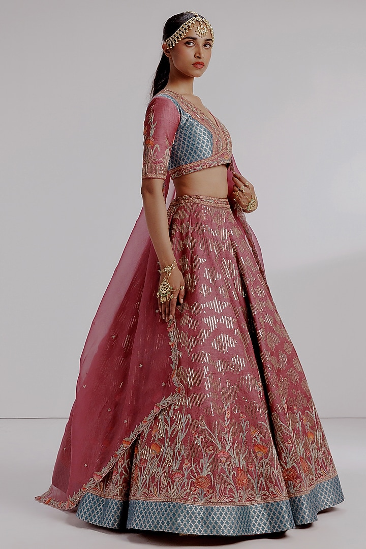 Multi-Colored Pure Raw Silk Hand Embroidered Wedding Lehenga Set by Taisha at Pernia's Pop Up Shop