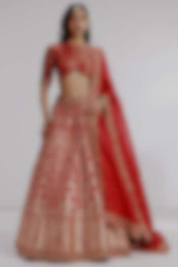 Red Banarasi Katan Silk Hand Embroidered Bridal Lehenga Set by Taisha at Pernia's Pop Up Shop