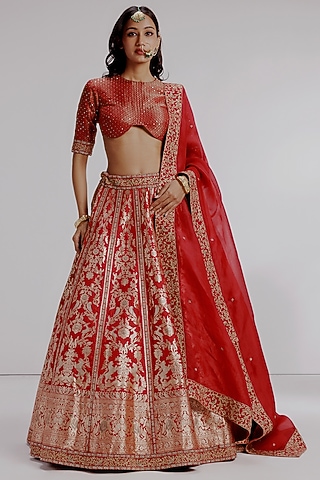 Red Banarasi Katan Silk Hand Embroidered Lehenga Set by Taisha