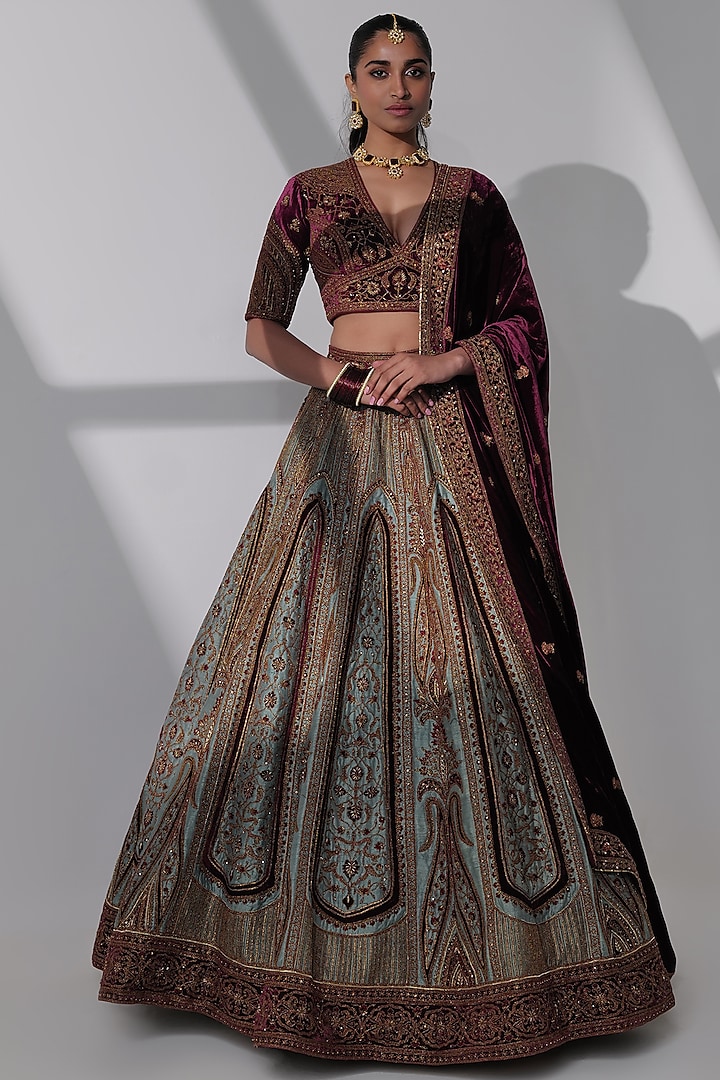 Multi-Colored Pure Raw Silk Hand Embroidered Bridal Lehenga Set by Taisha at Pernia's Pop Up Shop