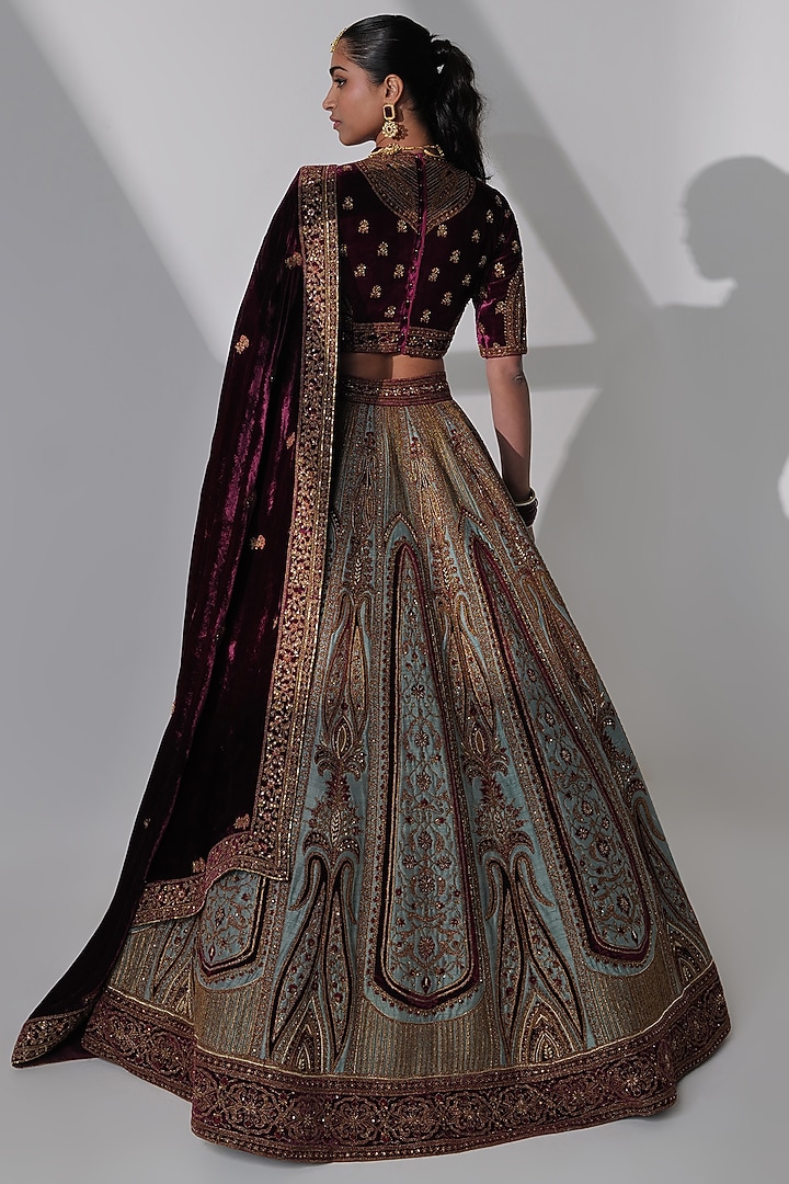 Multi-Colored Pure Raw Silk Hand Embroidered Bridal Lehenga Set by Taisha at Pernia's Pop Up Shop