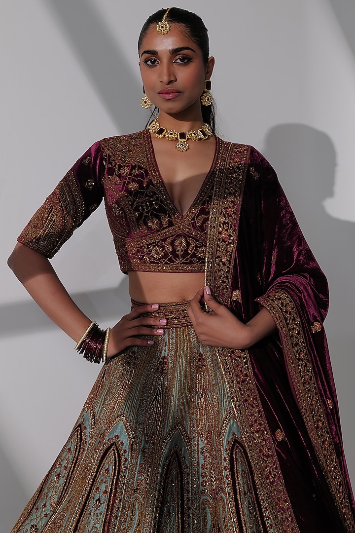 Multi-Colored Pure Raw Silk Hand Embroidered Bridal Lehenga Set by Taisha at Pernia's Pop Up Shop