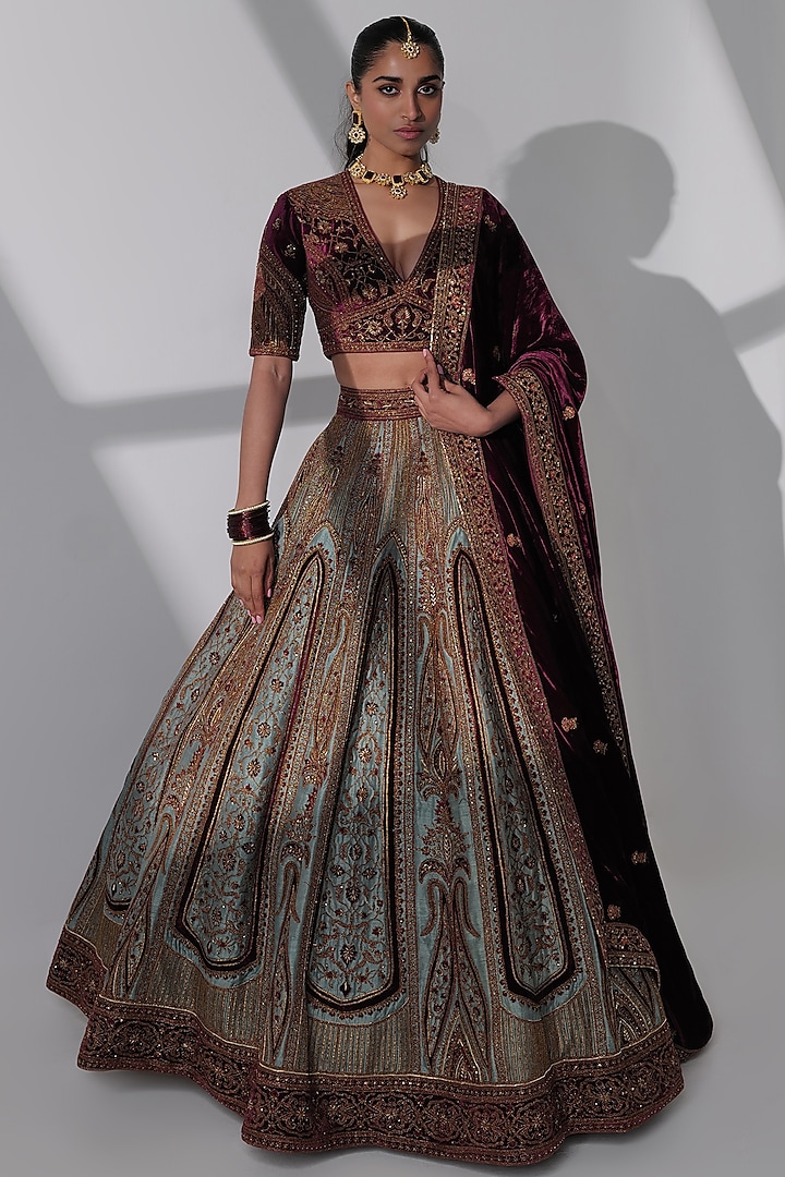 Multi-Colored Pure Raw Silk Hand Embroidered Bridal Lehenga Set by Taisha at Pernia's Pop Up Shop