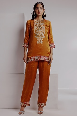 Rust Orange Pure Bengaluru Silk Satin Hand Embroidered Kurta Set by Taisha