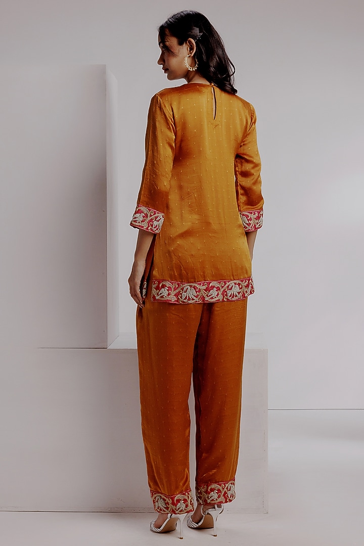 Rust Orange Pure Bengaluru Silk Satin Hand Embroidered Kurta Set by Taisha at Pernia's Pop Up Shop