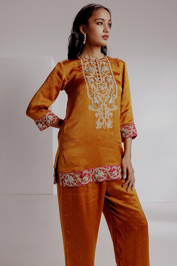 Rust Orange Pure Bengaluru Silk Satin Hand Embroidered Kurta Set by Taisha at Pernia's Pop Up Shop