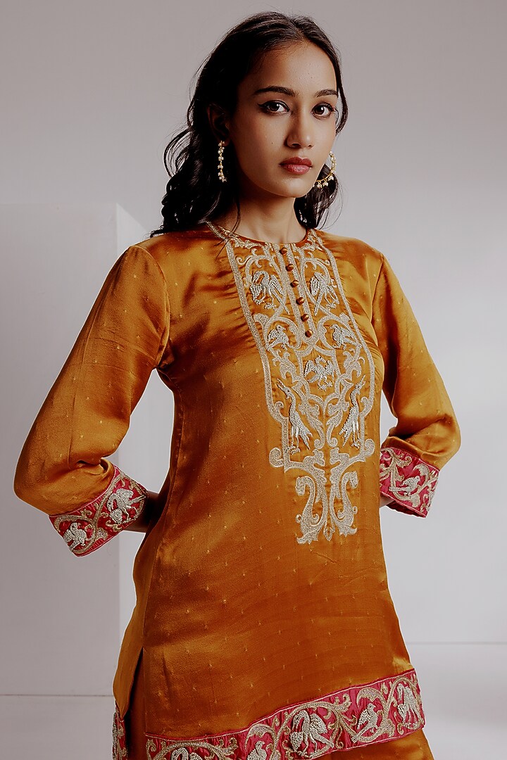 Rust Orange Pure Bengaluru Silk Satin Hand Embroidered Kurta Set by Taisha at Pernia's Pop Up Shop