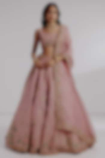 Pink Pure Silk Organza Hand Embroidered Wedding Lehenga Set by Taisha at Pernia's Pop Up Shop