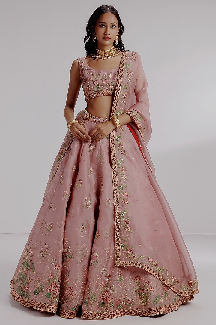 Pink Pure Silk Organza Hand Embroidered Wedding Lehenga Set by Taisha at Pernia's Pop Up Shop