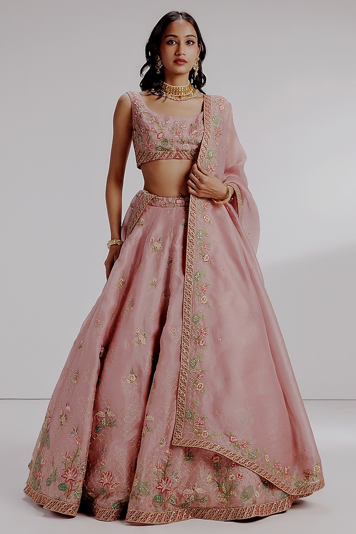 Pink Pure Silk Organza Hand Embroidered Wedding Lehenga Set by Taisha at Pernia's Pop Up Shop