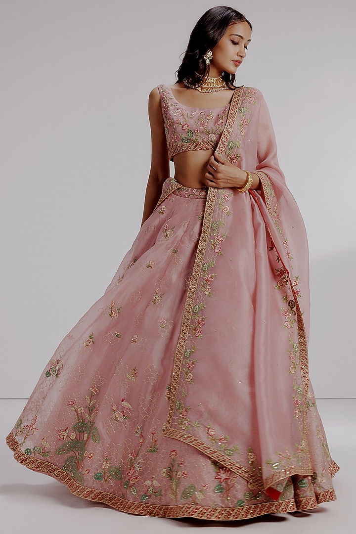 Pink Pure Silk Organza Hand Embroidered Wedding Lehenga Set by Taisha at Pernia's Pop Up Shop